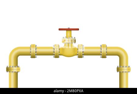 Oil, gas or water flowing through pipe. Pipeline construction with valve isolated. Industrial system. Vector illustration. Eps 10. Stock Vector