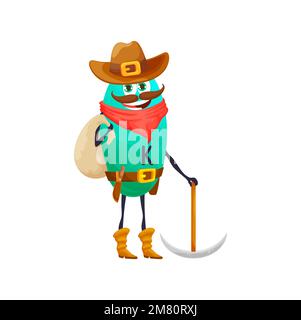 Cartoon potassium kalium micronutrient gold digger character. Vitamin K cowboy with pickaxe and money sack. Isolated vector personage wear ranger hat. Wild west golden rush hero Stock Vector