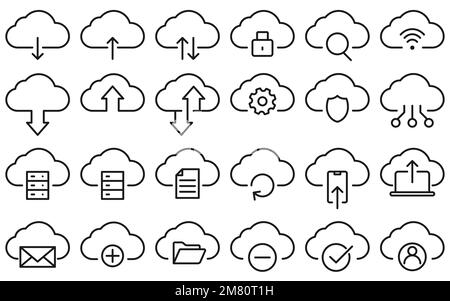 Cloud service and network related line icons. Database and online storage line icon set. Vector illustration. Eps 10. Stock Vector