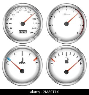 Car dashboard speedometer, tachometer gauge, fuel and engine temperature. Realistic car's dashboard. Vector illustration. Eps 10. Stock Vector