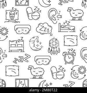 Sleep items seamless pattern, night dreams and bedtime vector background. Bed pillow, moon and bedroom zzz symbol with carton cartoon sheep, sleeping mask, alarm clock and dream catcher line pattern Stock Vector
