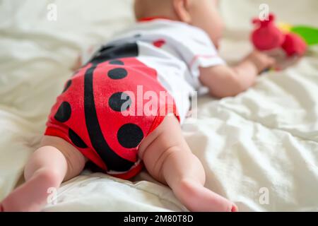 A child of 2 months crawls on the bed to the first toy. Stimulation of crawling. Teaching a child up to six months Stock Photo