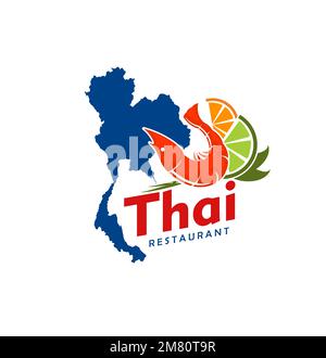 Thai cuisine restaurant icon with Thailand map, seafood bar vector emblem. Asian food and Thai authentic kitchen symbol with shrimp prawn and lime, Bangkok traditional gourmet restaurant icon Stock Vector