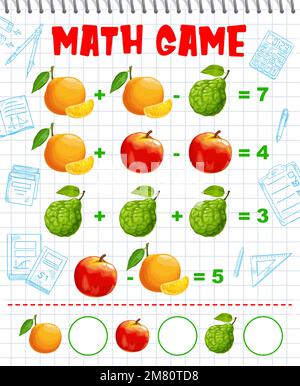 Orange, bergamot and peach fruits math game worksheet, education maze. Cartoon vector mathematics riddle for children counting skills development. Addition and subtraction examples for kids Stock Vector