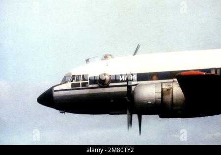 An air-to-air left side close-up view of a Soviet I1-14 Crate aircraft as it intercepts an HC-130 Hercules aircraft involved in the search and rescue operations for the downed Korean Airlines 747 (KAL-007). KAL-007 was shot down by a Soviet aircraft when it was suspected of being a surveillance mission over Sakhalin Island. Country: Sea Of Japan Stock Photo