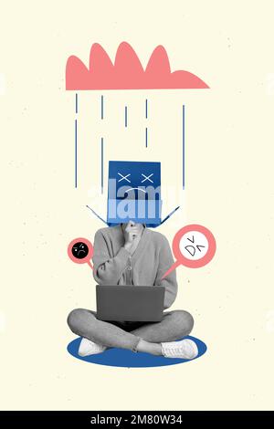 Vertical collage image of unsatisfied black white gamma girl use netbook hand hold sad emotion card cover head painted rainy cloud online hate Stock Photo