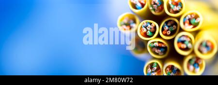 Cross-section of the network cable. Technological background. Wire. Macro photo. Stock Photo