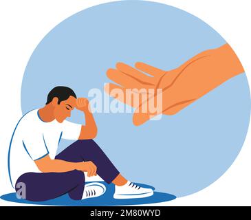 Sad man getting help and cure from stress. Psychotherapy, help and support, a counseling session concept. Helping hand. Vector illustration. Stock Vector