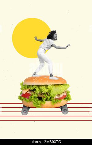 Creative photo 3d collage artwork poster picture banner of crazy girl delivering food fast glovo service isolated on painting background Stock Photo