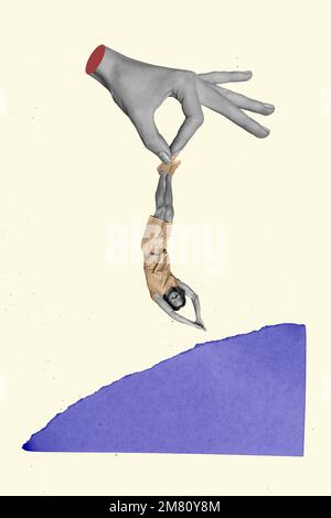 Vertical creative photo collage illustration of big hand throw in water happy positive excited man isolated on white color background Stock Photo