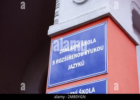 OSTRAVA CZECH REPUBLIC - NOVEMBER 18, 2022: Elementary school with extended support of foreing languages board in Czech language Stock Photo