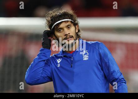 Nottingham, England, 11th January 2023. New signing Gustavo Scarpa of Nottingham Forest warms up before the Carabao Cup match at the City Ground, Nottingham. Picture credit should read: Darren Staples / Sportimage Stock Photo