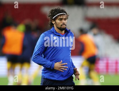 Nottingham, England, 11th January 2023. New signing Gustavo Scarpa of Nottingham Forest warms up before the Carabao Cup match at the City Ground, Nottingham. Picture credit should read: Darren Staples / Sportimage Stock Photo