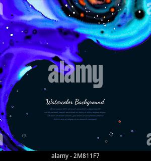 Blue splash watercolor paint blot - template for your designs. Blue dark colored, abstract background Stock Vector