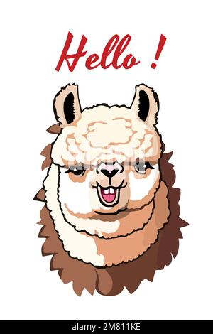 Llama cartoon alpaca. Lama animal vector isolated illustration. Cute funny digital art. Design for card, sticker , fabric textile, t shirt. Children, Stock Vector