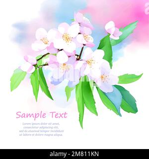 Vector decoration branch with flowers, spring cherry blossom on white background. Place for your text. Design for invitation, card, poster, flyer, lab Stock Vector