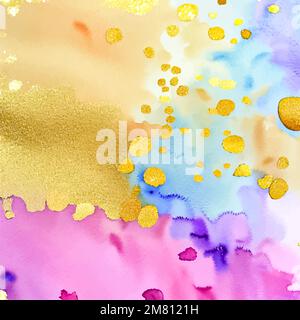 Watercolor, alcohol ink fluid wallpaper with gold, pink, purple and blue colors, luxury, rich grunge background with metal golden foil Stock Vector