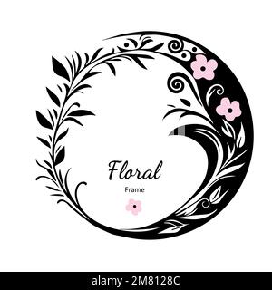 Floral vector wreath art deco ornate, black and white wedding circle border, frame, flourish nature motif Stock Vector