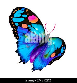 Vector blue wattercolor butterfly isolated on white background, fragile, beautiful, tropical insect, painted decoration Stock Vector