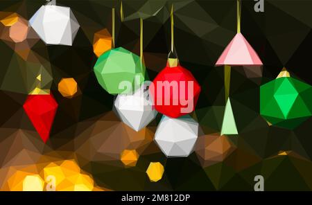 Christmas tree decorated with colotful low poly toys, balls on a blurred, sparkling and fabulous fairy background with beautiful geometrical bokeh, de Stock Vector
