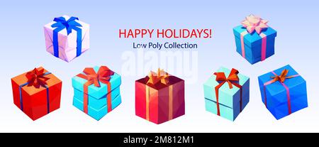 Low poly gifts collection, holidays, birthday  surprise set with isolated paper boxes, red, blue and white colors Stock Vector
