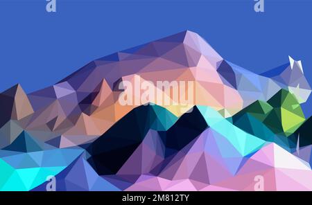 Polygonal geometric abstract digital mountain, vector colorful, flat landscape, travel background, mountains art, blue sky, creative backdrop Stock Vector