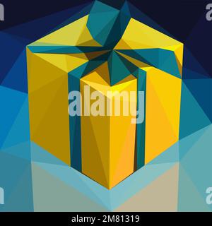 Yellow vector gift, low poly, polygonal geometric box isolated on blue background with blue bow, anniversary, birthday surprise Stock Vector