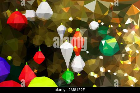 Christmas tree decorated with colotful low poly toys, balls on a blurred, sparkling and fabulous fairy background with beautiful geometrical bokeh, de Stock Vector
