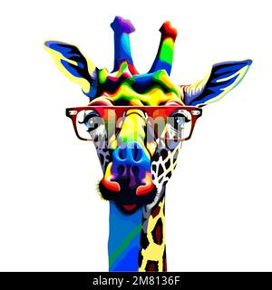 Vector cute illustration of a giraffe face with red glasses, colorful pop art style animal Stock Vector