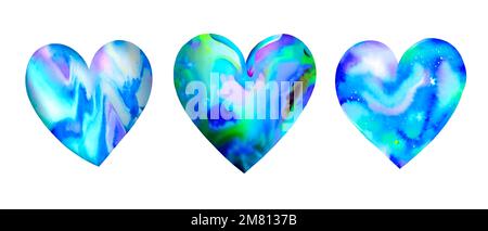 Vector blue hearts collection, valentine's day love set, fluid, wet blue painting, romantic, lovely design elements Stock Vector