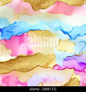 Watercolor, alcohol ink fluid wallpaper with gold, purple and blue colors, luxury, rich grunge background with metal golden foil Stock Vector