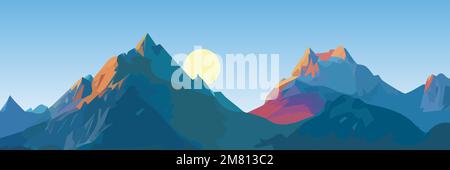 Panoramic views vector illustration of beautiful dark blue mountain landscape with sky. Sunrise and sunset in mountains. Stock Vector