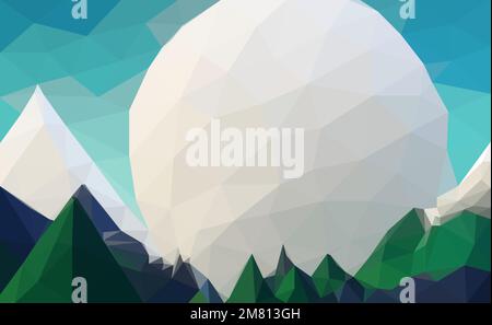 Polygonal geometric abstract digital mountain with big moon, vector colorful, flat landscape, travel background, mountains art, blue sky, creative bac Stock Vector