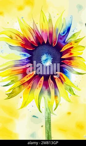 Vector watercolor sunflower on abstract watercolor background, summer wallpaper, beauty fantasy landscape. Stock Vector