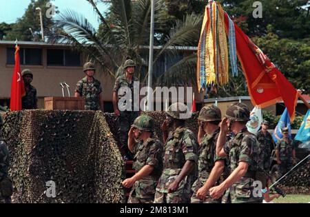 Artillerymen of the newly designated 8th Field Artillery Regiment pass in review during a ceremony in which the 3rd Battalion 13th Field Artillery, is being deactivated and redesignated as the 7th Battalion, 8th Field Artillery Regiment. Observing from the reviewing stand are Major General William H. Schneider and Colonel David J. Lynch. Base: Schofield Barracks, Kaneohe Bay State: Hawaii (HI) Country: United States Of America (USA) Stock Photo