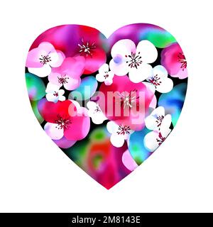Vector red heart with cherry, sakura bloosom, valentine's day love ornament, spring floral painting, vintage romantic, lovely design elements Stock Vector