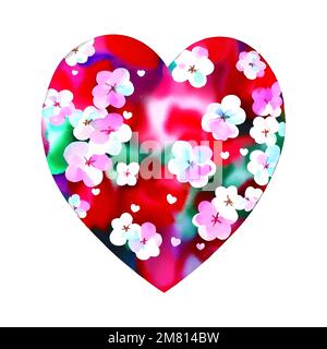 Vector red heart with cherry, sakura bloosom, valentine's day love ornament, spring floral painting, vintage romantic, lovely design elements Stock Vector