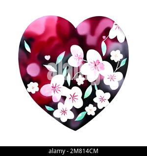 Vector red heart with cherry, sakura bloosom, valentine's day love ornament, spring floral painting, vintage romantic, lovely design elements Stock Vector