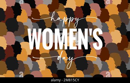 Happy Womens Day card with female beautiful diverse faces. The crowd, a group of girls of different nationalities seamless texture. Vector banner Stock Vector