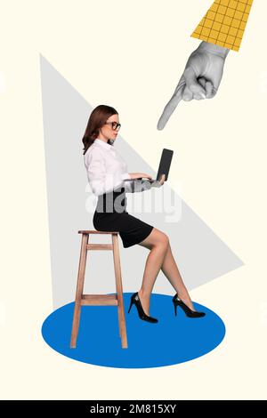 Creative photo collage of young entrepreneur lady sitting use laptop professional office manager finger point boss isolated on white background Stock Photo
