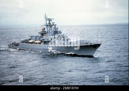 A starboard bow view of a Soviet Krivak II class frigate REZVY (FFG 942) underway. Country: Atlantic Ocean (AOC) Stock Photo