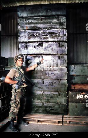 Boxes of Soviet weapons and ammunition seized during the evacuation of American students by US military personnel. Base: Point Salines Country: Grenada (GRD) Stock Photo