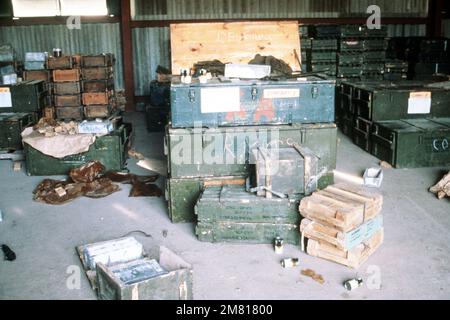 Boxes of Soviet weapons and ammunition seized during the evacuation of American students by US military personnel. Base: Point Salines Country: Grenada (GRD) Stock Photo