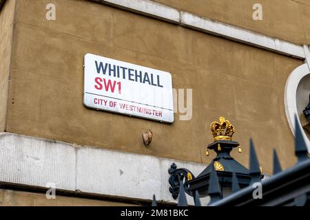 London. UK- 01.08.2023. The street sign for Whitehall in Westminster, where a number of government offices are situated. Stock Photo