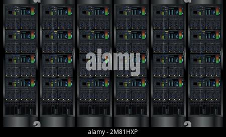 Front view of a working web server, server modules in black color. Vector image Stock Vector