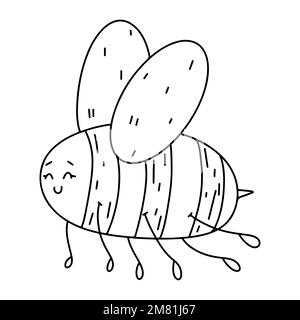 Cute bee in hand drawn doodle style. Vector illustration isolated on white background. Coloring page for kids Stock Vector