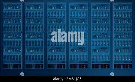 Front view of a working web server, light blue line drawing on dark blue background. Vector image Stock Vector