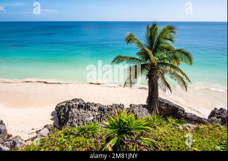 Stunning Caribbean beach near Tulum ruins in Mexico Stock Photo