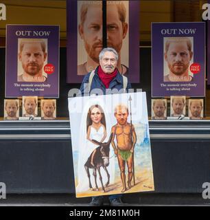 London, UK. 11th Jan, 2023. British artist KAYA MAR poses with his latest painting depicting Prince Harry as Don Quixote outside Waterstone's bookstore where the royals memoir Spare is on sale, after being launched yesterday. (Credit Image: © Tayfun Salci/ZUMA Press Wire) EDITORIAL USAGE ONLY! Not for Commercial USAGE! Stock Photo