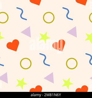 Fun colorful doodle seamless pattern. Trendy design with scribble and geometric shapes on beige backdrop. Colored random figures hearts, stars, wave Stock Vector